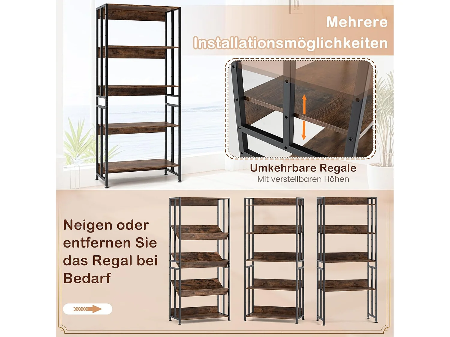 Boekenkast met 5 niveaus, staand rek met kantelbare planken, industrieel rek met metalen frame voor woonkamer, slaapkamer, werkkamer, 70 x 35 x 157 cmVH33420