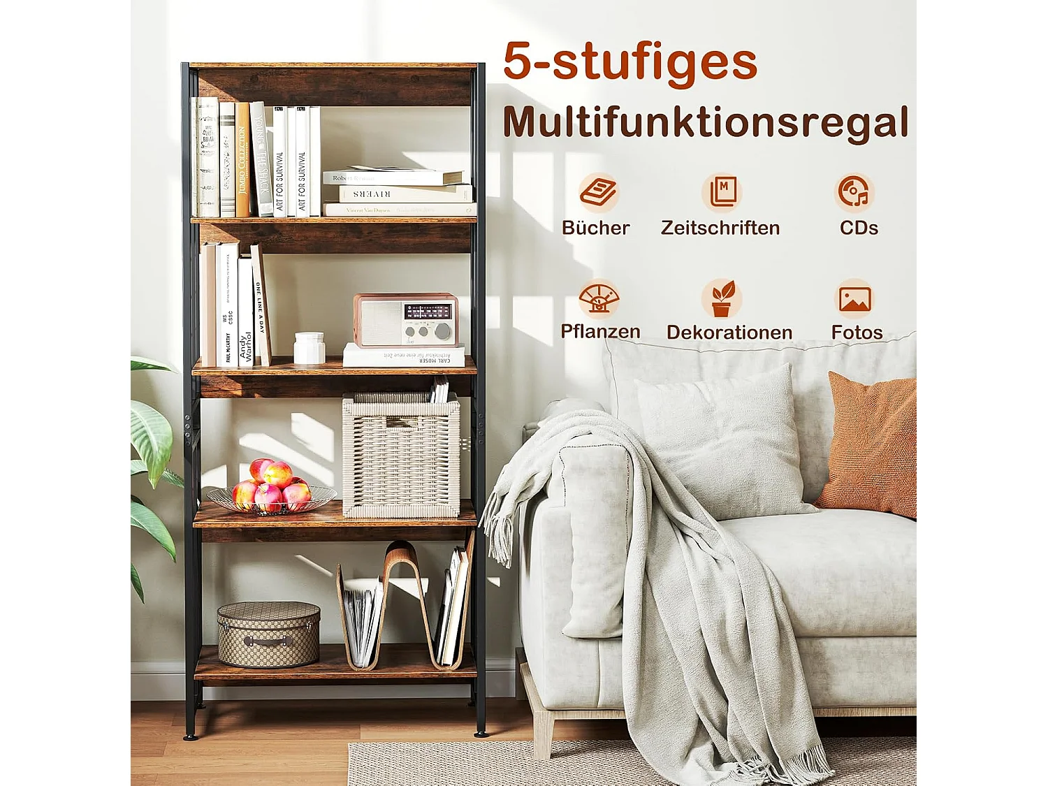 Boekenkast met 5 niveaus, staand rek met kantelbare planken, industrieel rek met metalen frame voor woonkamer, slaapkamer, werkkamer, 70 x 35 x 157 cmVH33420