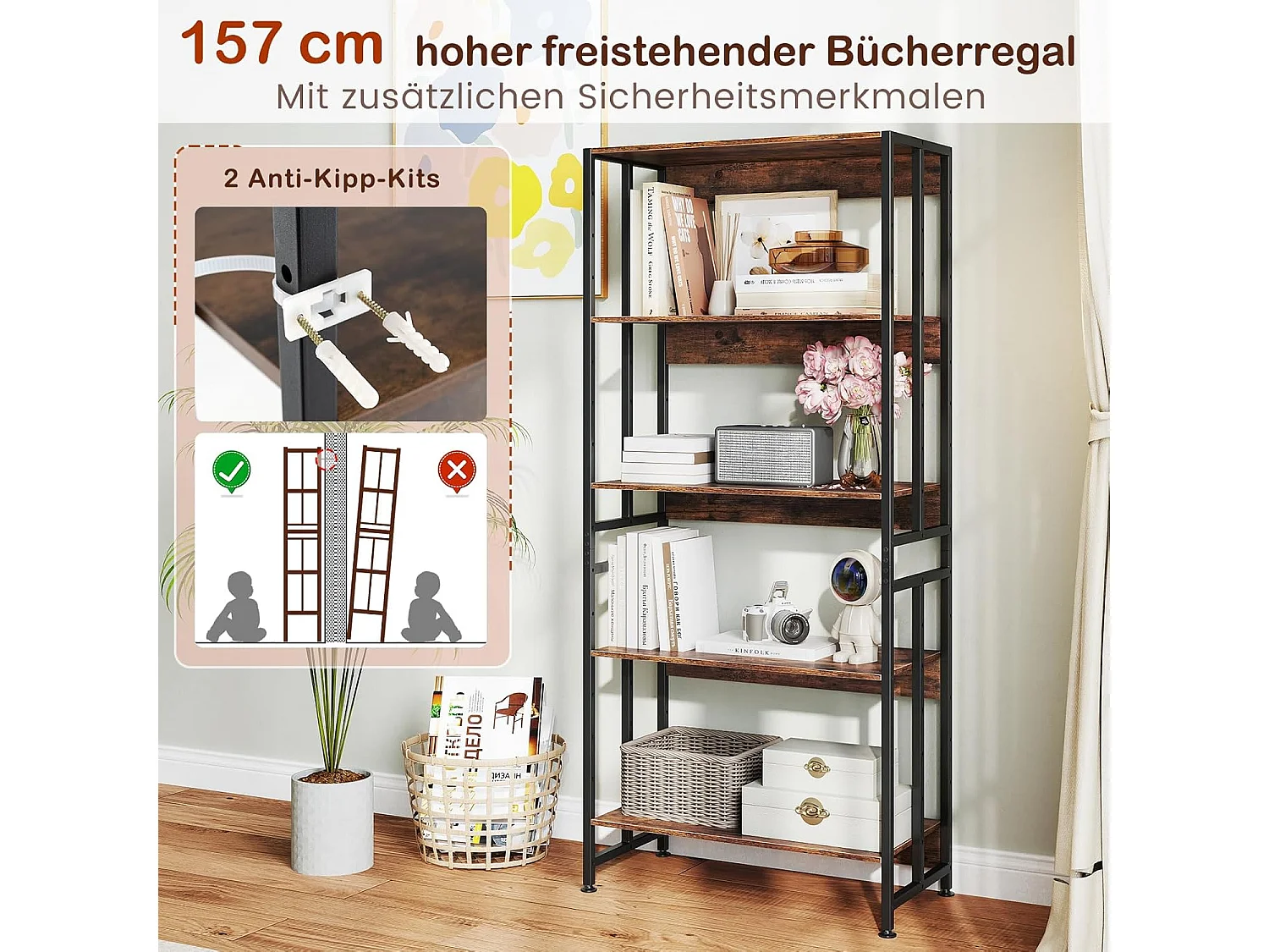 Boekenkast met 5 niveaus, staand rek met kantelbare planken, industrieel rek met metalen frame voor woonkamer, slaapkamer, werkkamer, 70 x 35 x 157 cmVH33420