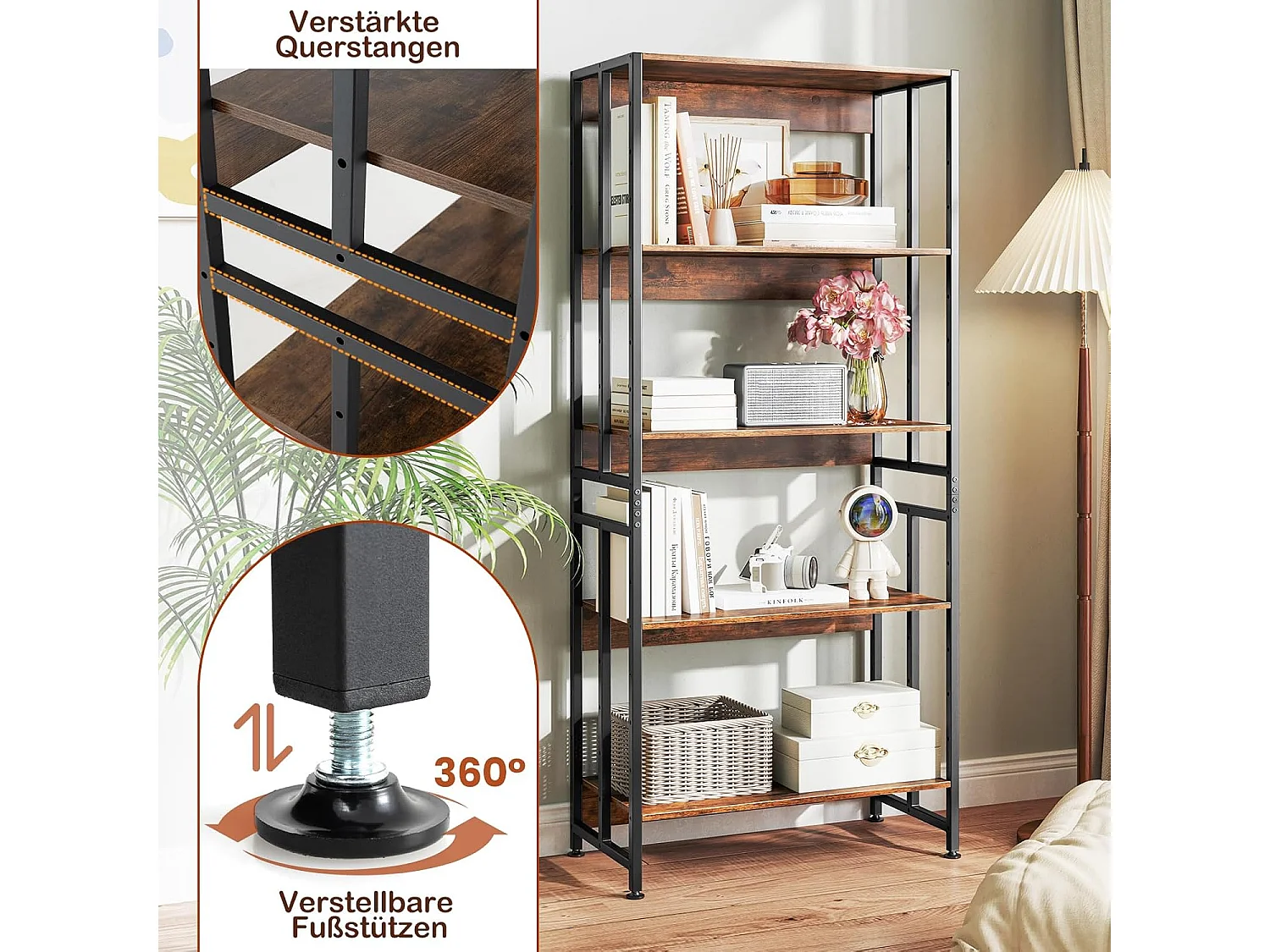 Boekenkast met 5 niveaus, staand rek met kantelbare planken, industrieel rek met metalen frame voor woonkamer, slaapkamer, werkkamer, 70 x 35 x 157 cmVH33420