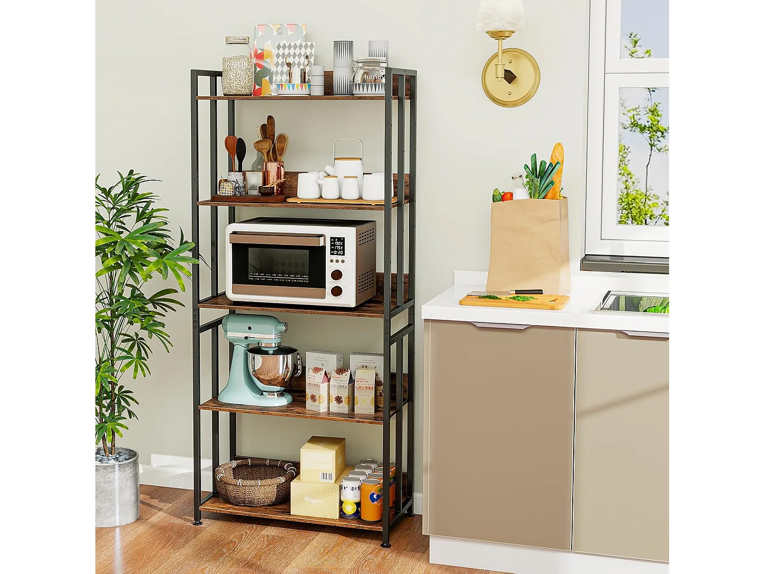 Boekenkast met 5 niveaus, staand rek met kantelbare planken, industrieel rek met metalen frame voor woonkamer, slaapkamer, werkkamer, 70 x 35 x 157 cmVH33420