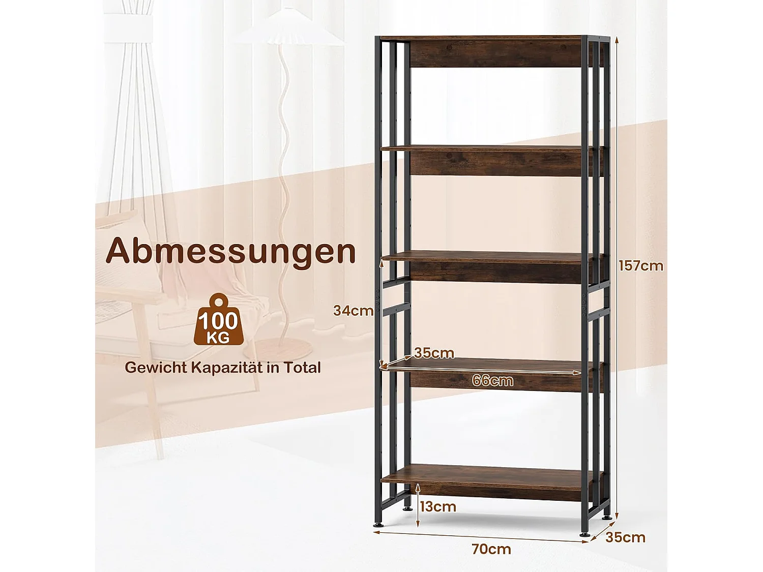 Boekenkast met 5 niveaus, staand rek met kantelbare planken, industrieel rek met metalen frame voor woonkamer, slaapkamer, werkkamer, 70 x 35 x 157 cmVH33420
