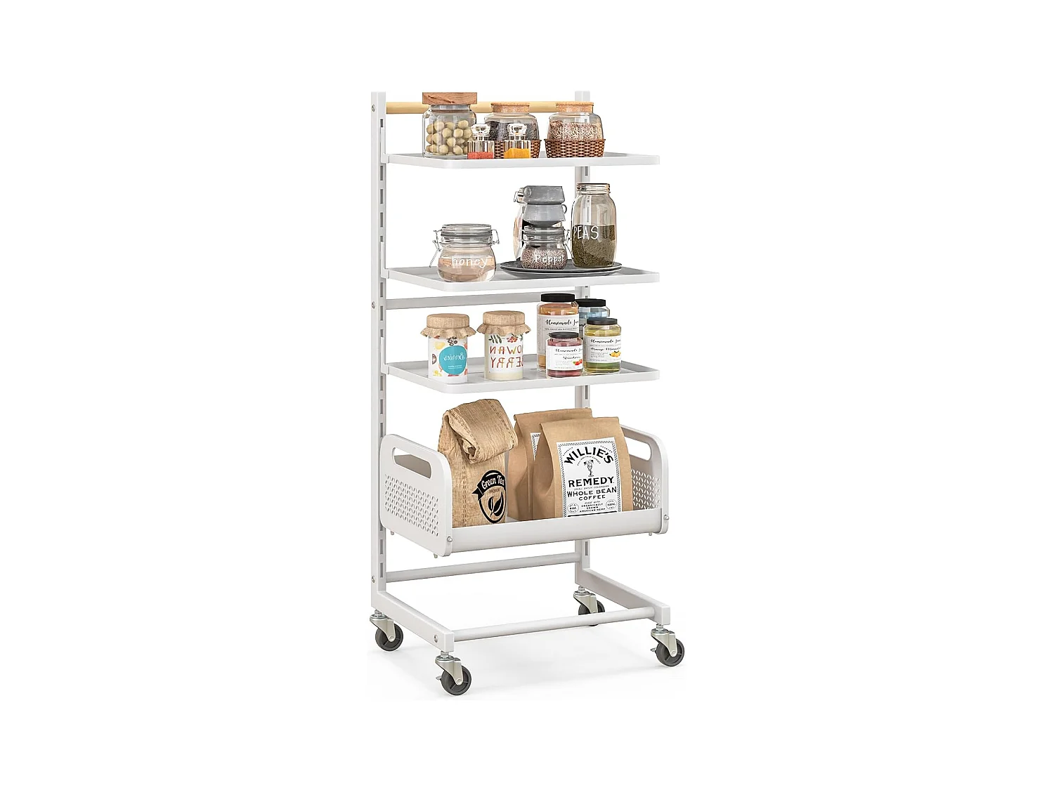 Rolwagen met 4 niveaus, serveerwagen met verstelbare planken, keukentrolley met wielen en handvat, opbergwagen voor keuken, woonkamer, slaapkamer, witVL32468