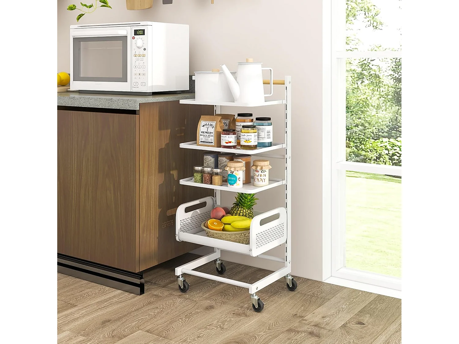 Rolwagen met 4 niveaus, serveerwagen met verstelbare planken, keukentrolley met wielen en handvat, opbergwagen voor keuken, woonkamer, slaapkamer, witVL32468