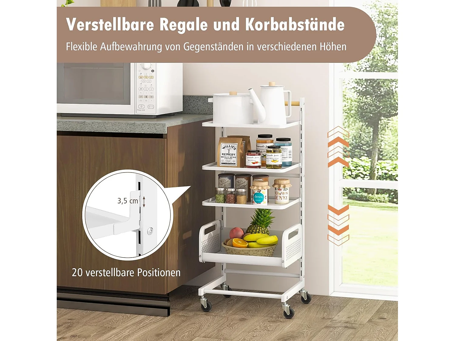 Rolwagen met 4 niveaus, serveerwagen met verstelbare planken, keukentrolley met wielen en handvat, opbergwagen voor keuken, woonkamer, slaapkamer, witVL32468