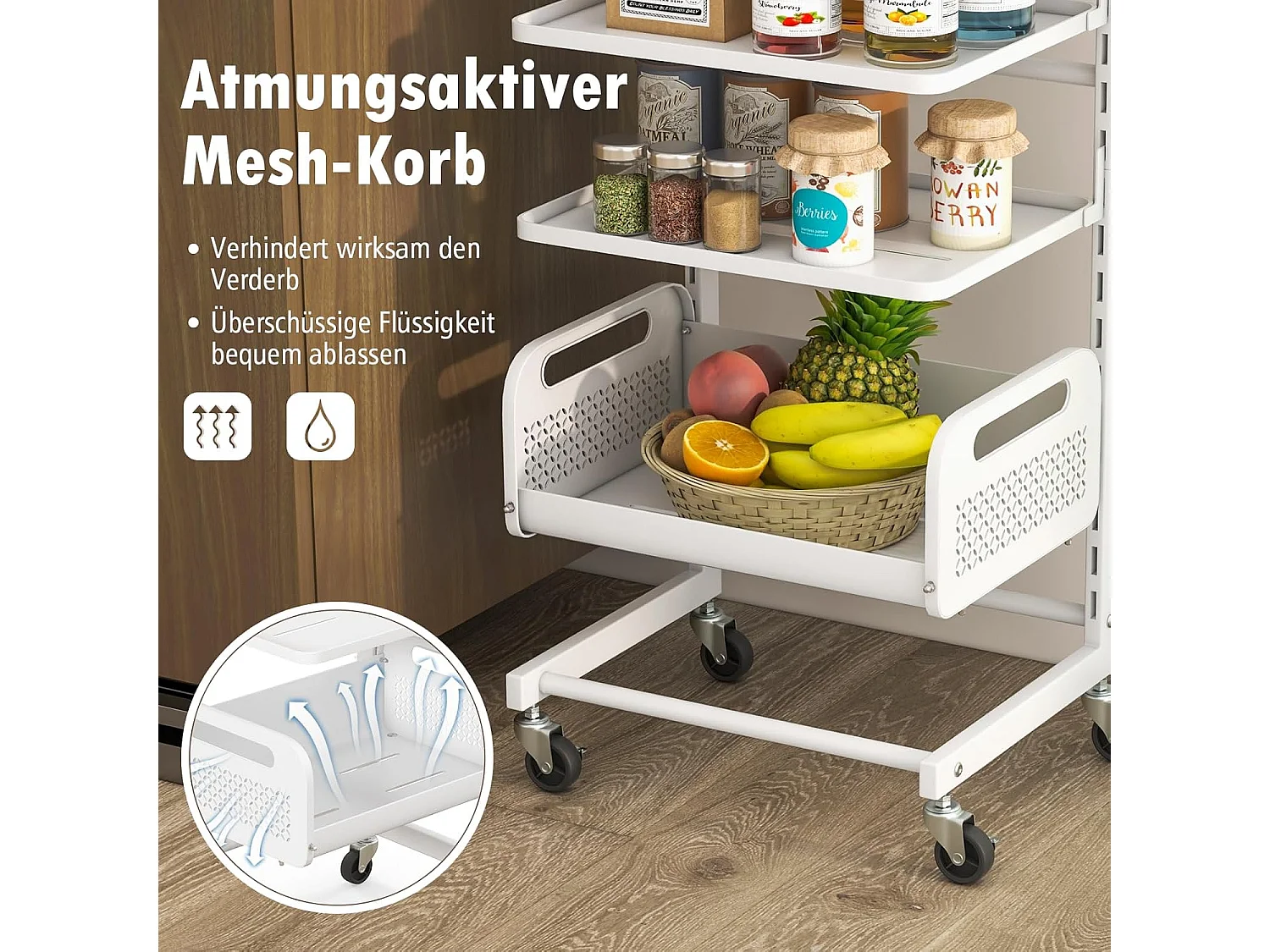 Rolwagen met 4 niveaus, serveerwagen met verstelbare planken, keukentrolley met wielen en handvat, opbergwagen voor keuken, woonkamer, slaapkamer, witVL32468