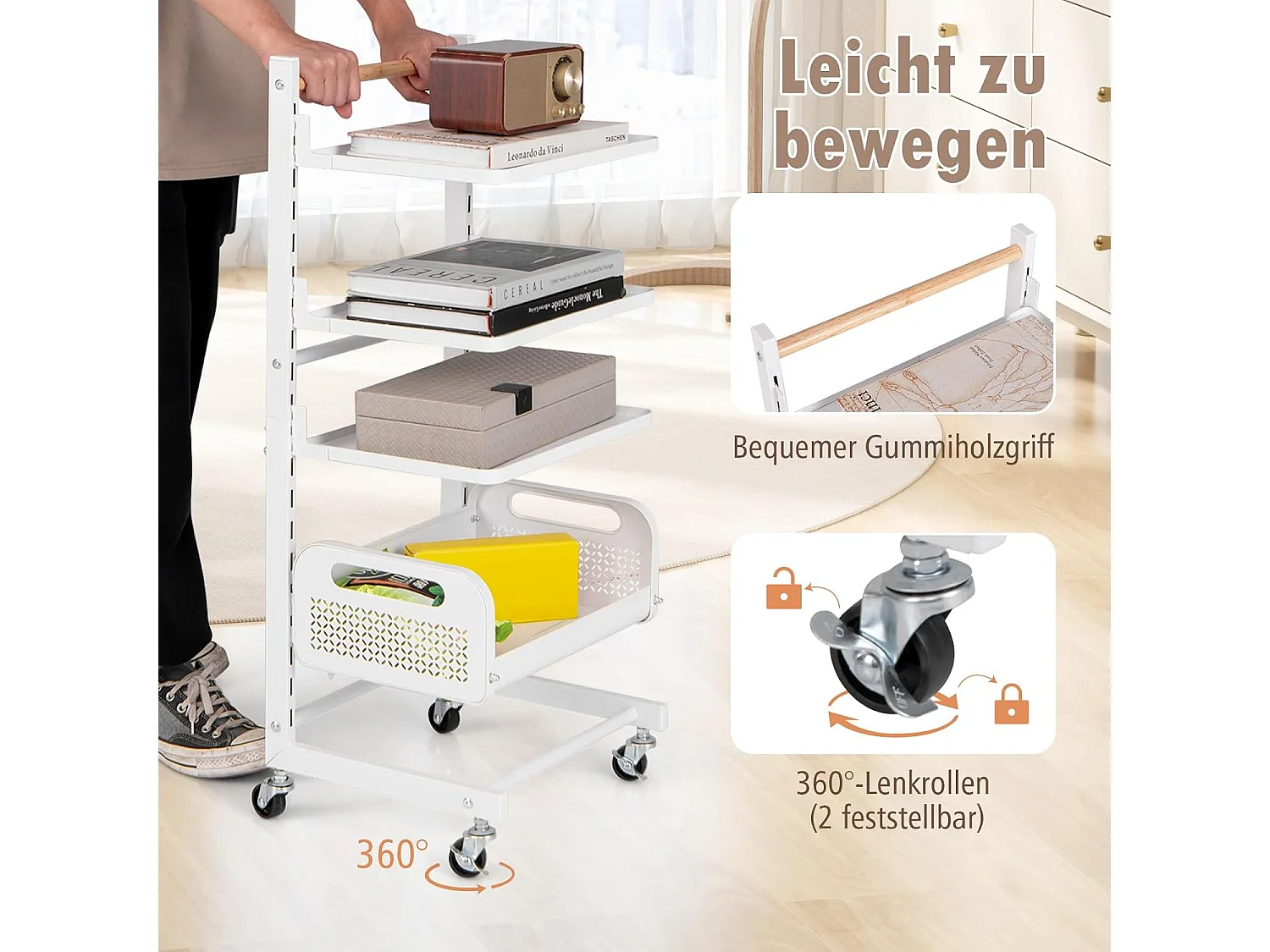 Rolwagen met 4 niveaus, serveerwagen met verstelbare planken, keukentrolley met wielen en handvat, opbergwagen voor keuken, woonkamer, slaapkamer, witVL32468