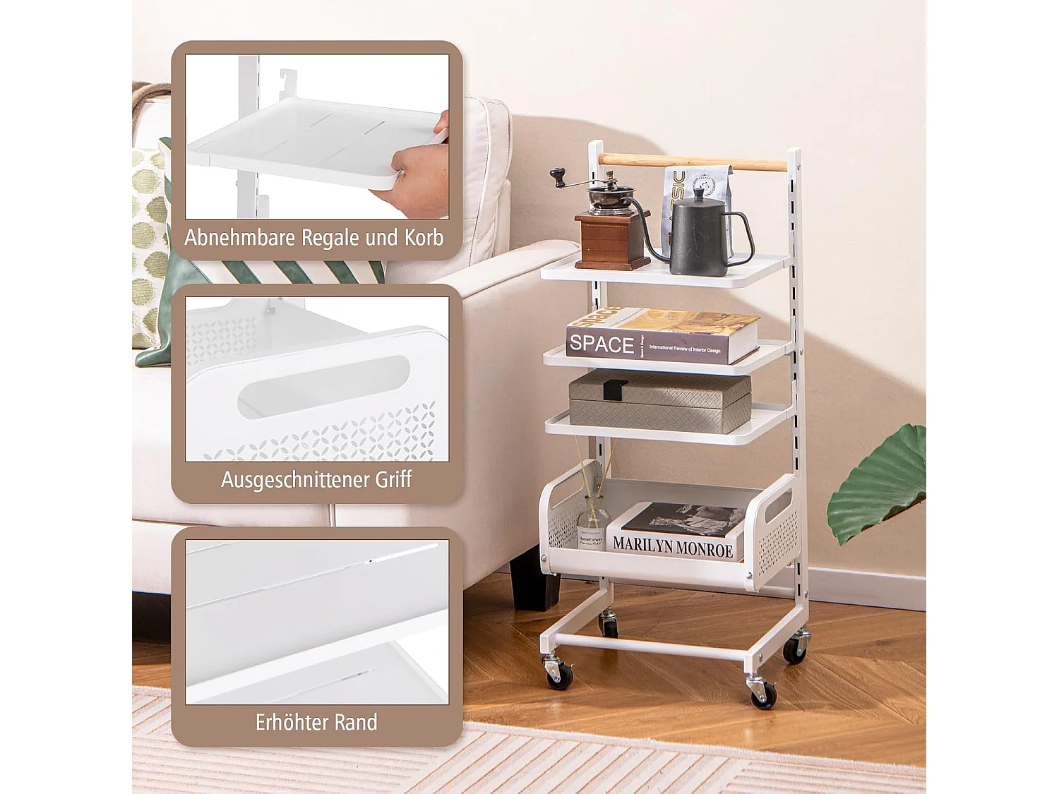 Rolwagen met 4 niveaus, serveerwagen met verstelbare planken, keukentrolley met wielen en handvat, opbergwagen voor keuken, woonkamer, slaapkamer, witVL32468