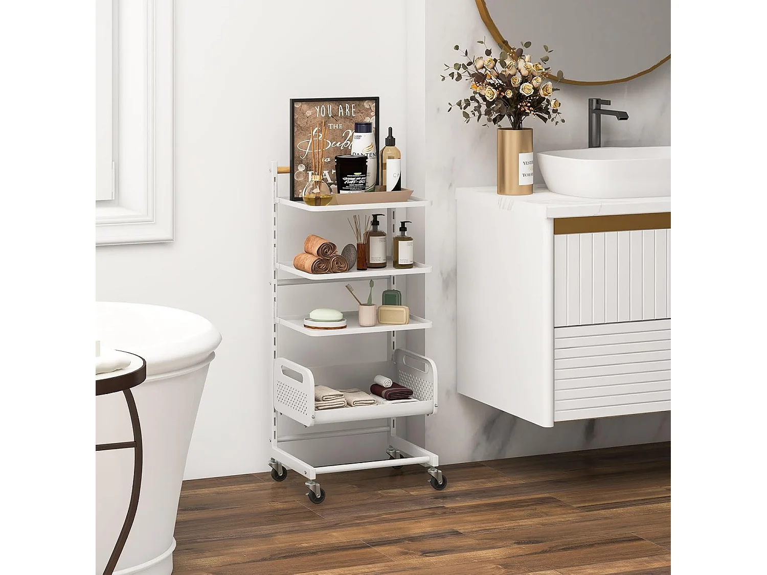 Rolwagen met 4 niveaus, serveerwagen met verstelbare planken, keukentrolley met wielen en handvat, opbergwagen voor keuken, woonkamer, slaapkamer, witVL32468