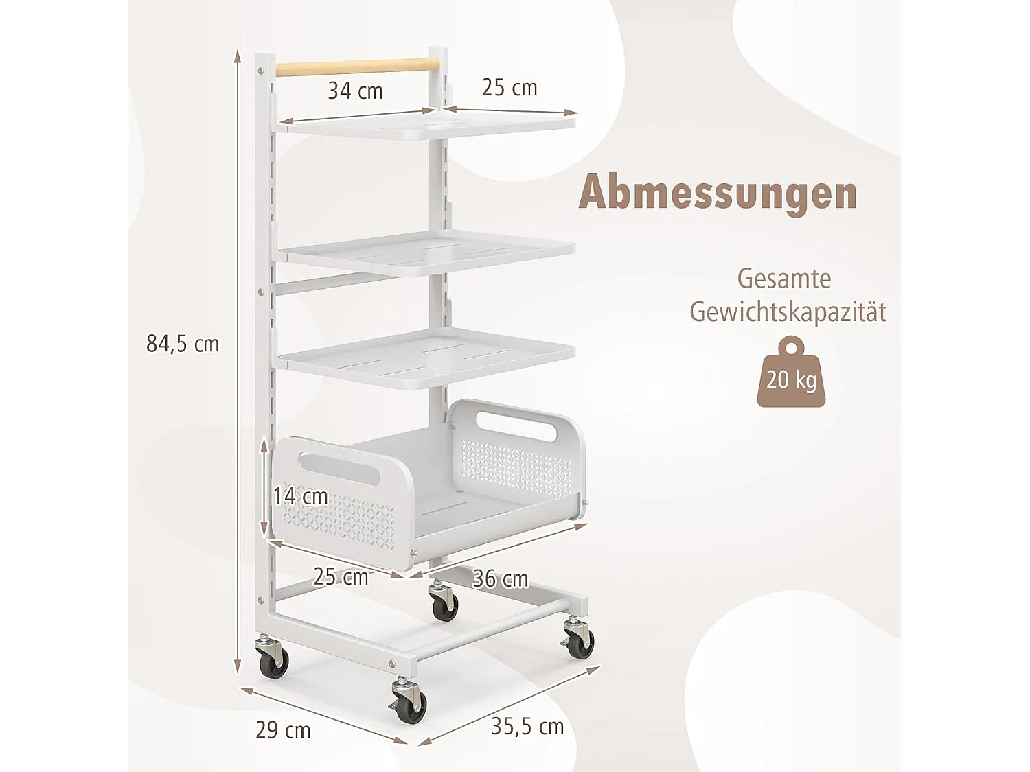 Rolwagen met 4 niveaus, serveerwagen met verstelbare planken, keukentrolley met wielen en handvat, opbergwagen voor keuken, woonkamer, slaapkamer, witVL32468