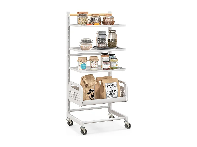 Rolwagen met 4 niveaus, serveerwagen met verstelbare planken, keukentrolley met wielen en handvat, opbergwagen voor keuken, woonkamer, slaapkamer, witVL32468