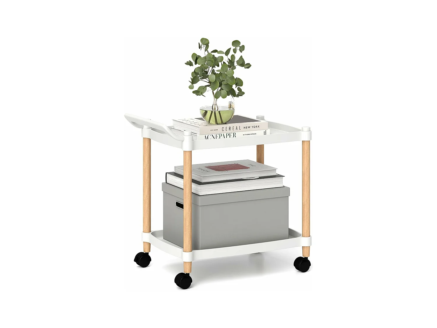 Serveerwagen 2 niveaus, nisrek op wielen, keukentrolwagen met remmen en handgreep, keukenrek voor woonkamer, keuken, kantoor, 52,5 x 33,5 x 50 cm, witVH34292
