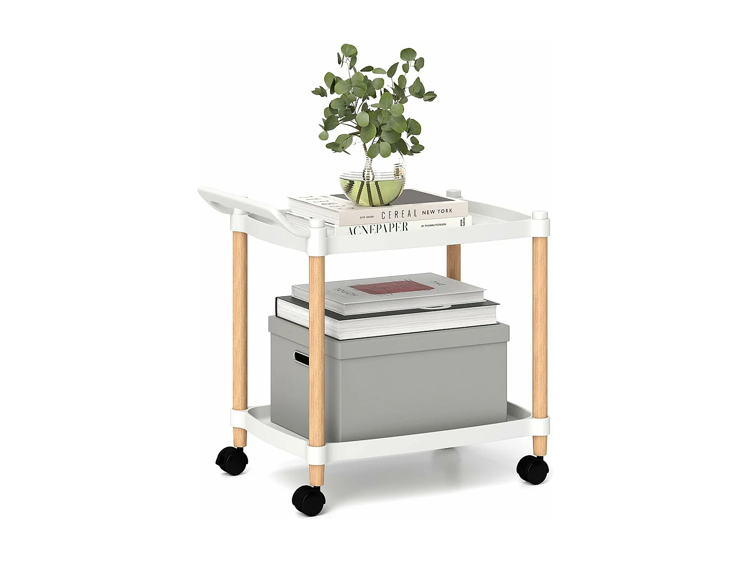 Serveerwagen 2 niveaus, nisrek op wielen, keukentrolwagen met remmen en handgreep, keukenrek voor woonkamer, keuken, kantoor, 52,5 x 33,5 x 50 cm, witVH34292