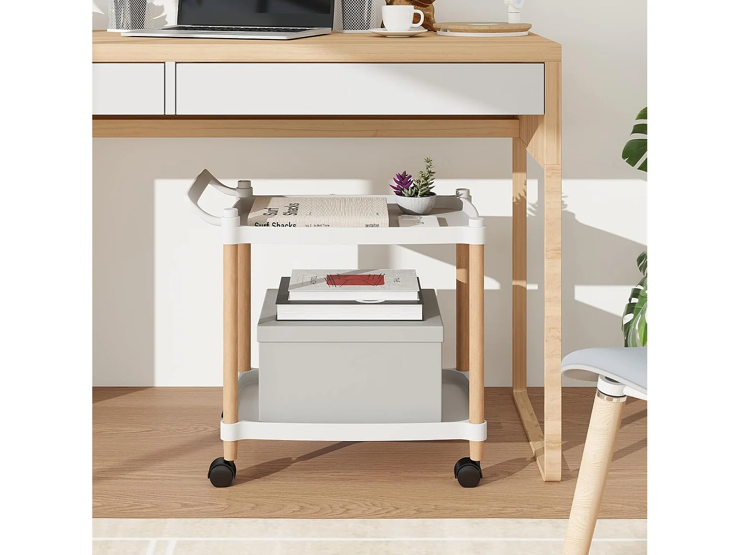 Serveerwagen 2 niveaus, nisrek op wielen, keukentrolwagen met remmen en handgreep, keukenrek voor woonkamer, keuken, kantoor, 52,5 x 33,5 x 50 cm, witVH34292