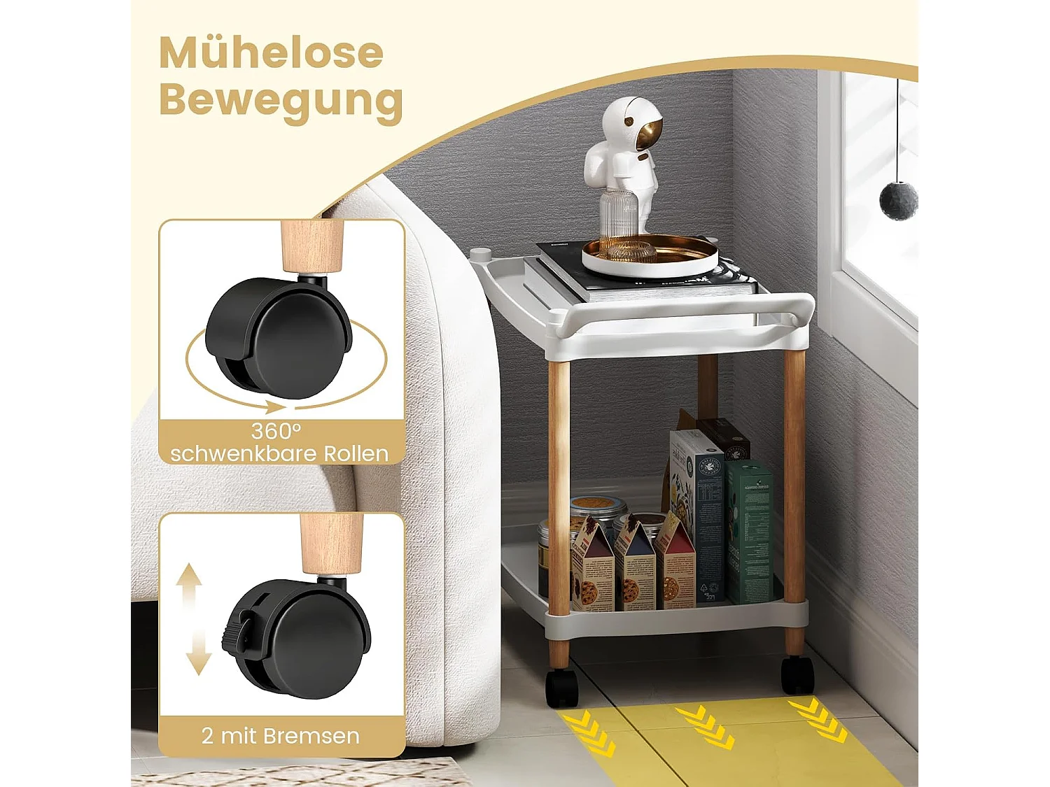 Serveerwagen 2 niveaus, nisrek op wielen, keukentrolwagen met remmen en handgreep, keukenrek voor woonkamer, keuken, kantoor, 52,5 x 33,5 x 50 cm, witVH34292