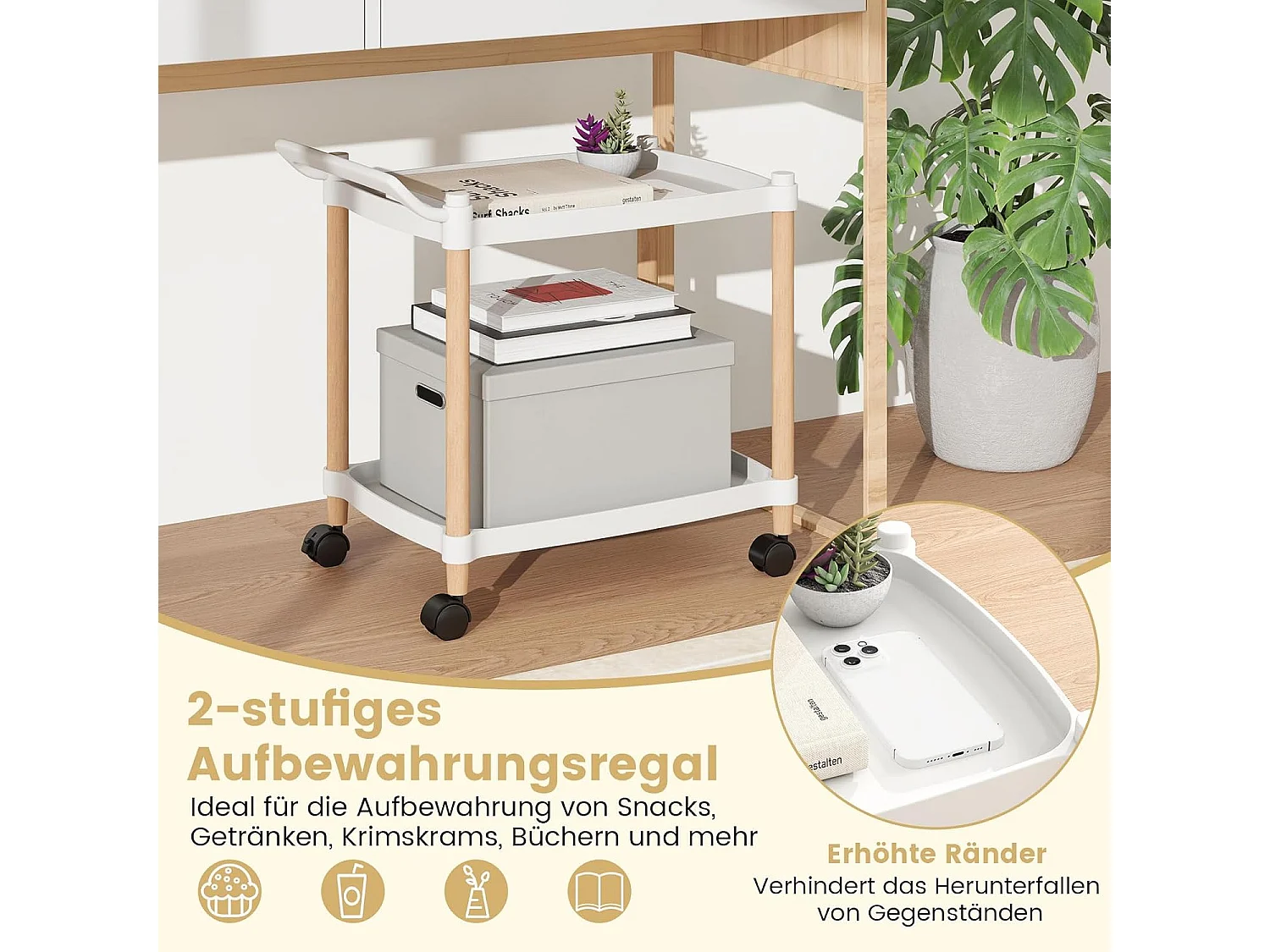Serveerwagen 2 niveaus, nisrek op wielen, keukentrolwagen met remmen en handgreep, keukenrek voor woonkamer, keuken, kantoor, 52,5 x 33,5 x 50 cm, witVH34292
