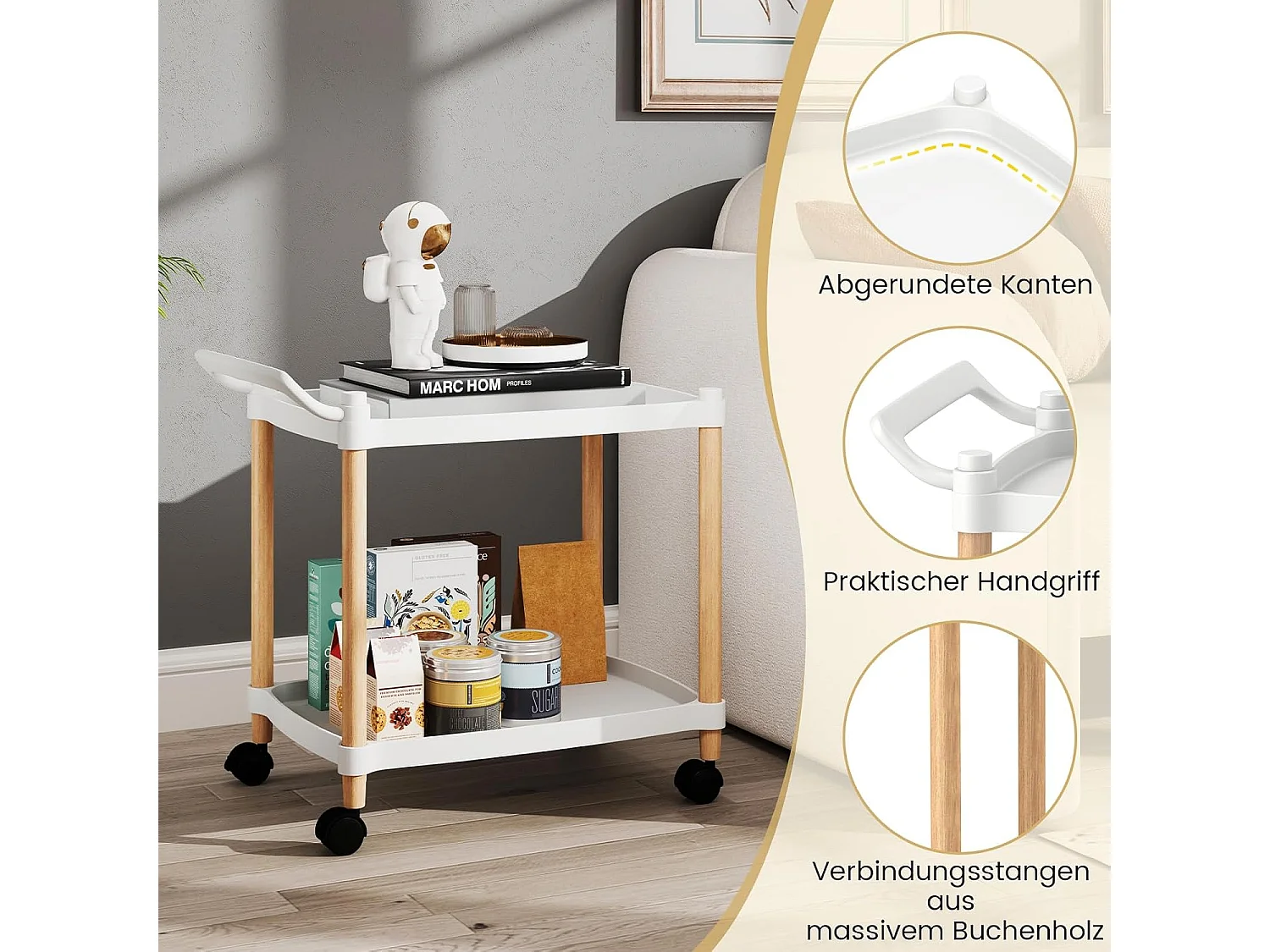 Serveerwagen 2 niveaus, nisrek op wielen, keukentrolwagen met remmen en handgreep, keukenrek voor woonkamer, keuken, kantoor, 52,5 x 33,5 x 50 cm, witVH34292