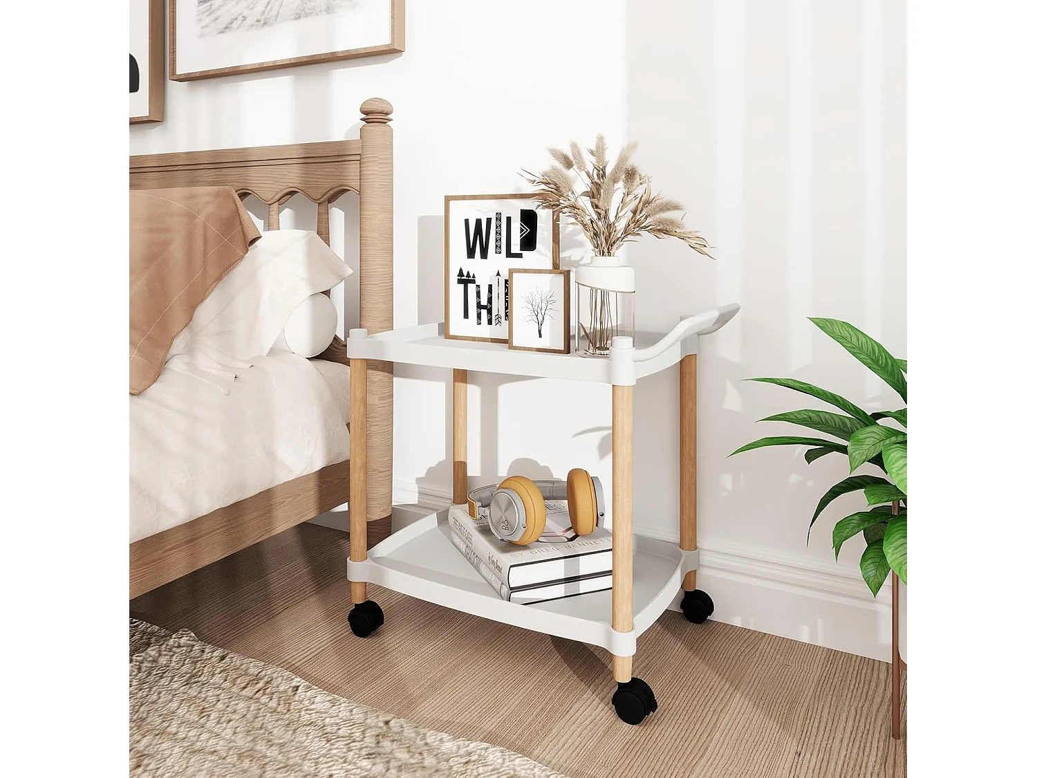 Serveerwagen 2 niveaus, nisrek op wielen, keukentrolwagen met remmen en handgreep, keukenrek voor woonkamer, keuken, kantoor, 52,5 x 33,5 x 50 cm, witVH34292