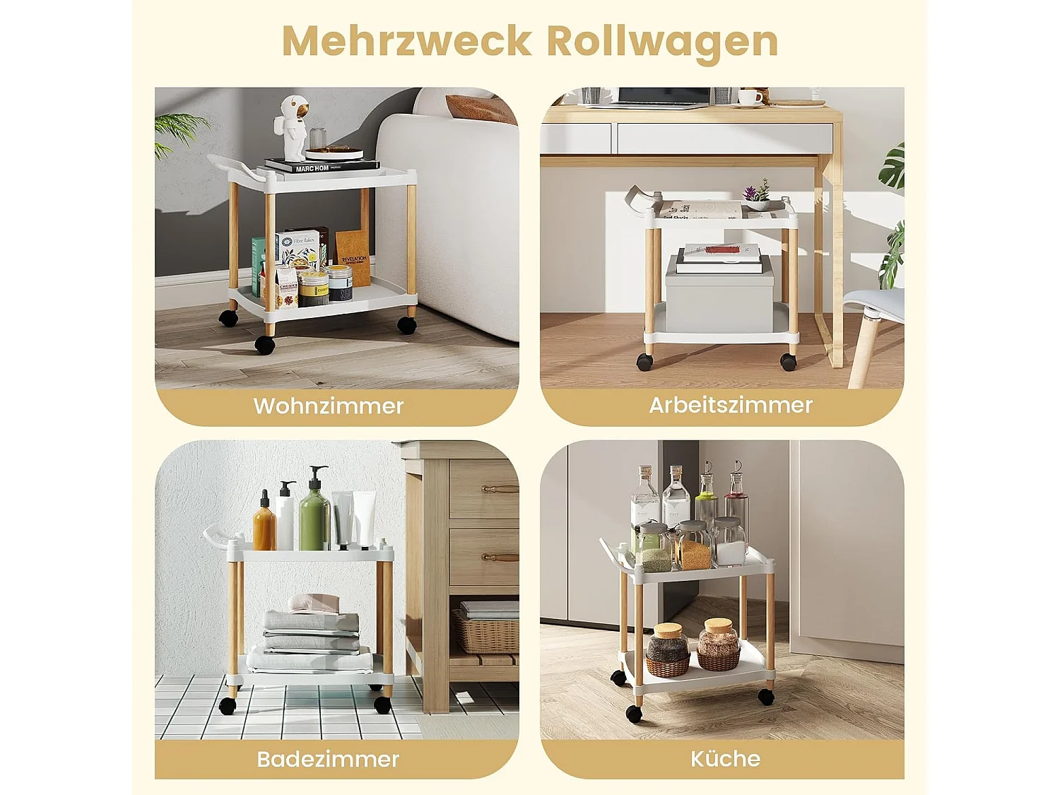 Serveerwagen 2 niveaus, nisrek op wielen, keukentrolwagen met remmen en handgreep, keukenrek voor woonkamer, keuken, kantoor, 52,5 x 33,5 x 50 cm, witVH34292