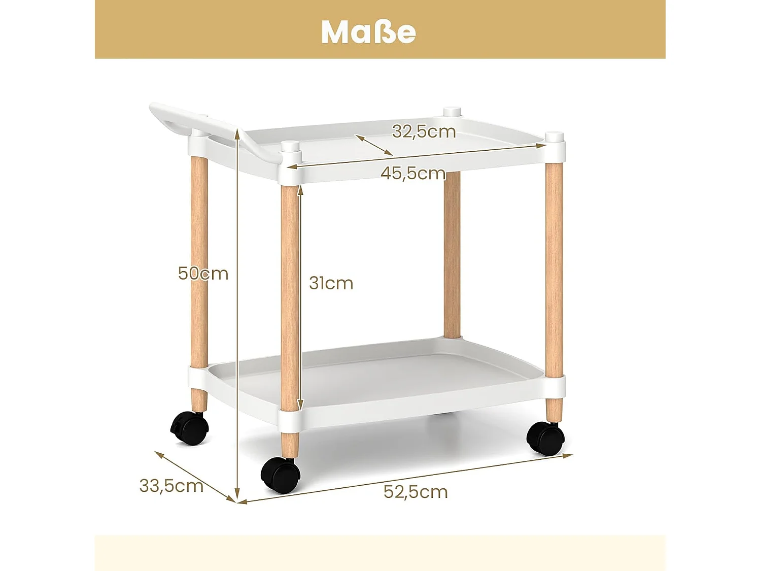 Serveerwagen 2 niveaus, nisrek op wielen, keukentrolwagen met remmen en handgreep, keukenrek voor woonkamer, keuken, kantoor, 52,5 x 33,5 x 50 cm, witVH34292
