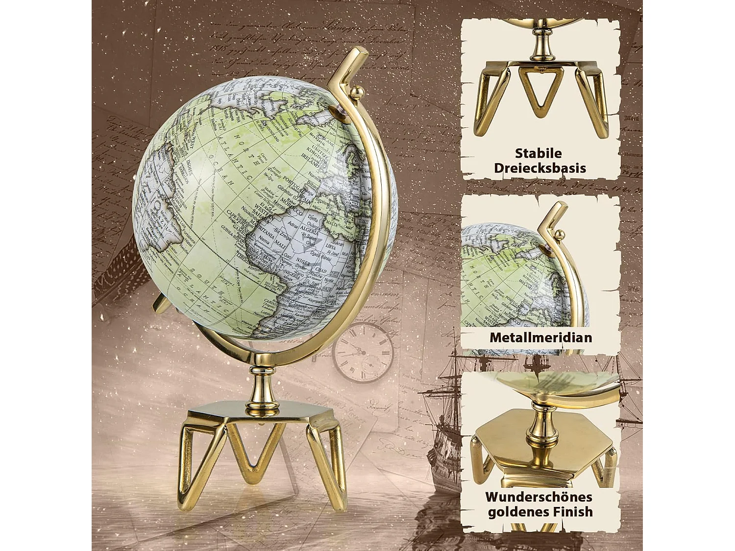 25,5 cm antieke wereldbol,wereldbol voor scholieren, 360 graden draaibaar,wereldbol met gouden metalen voet,geografisch pedagogisch,voor klaslokaal,kantoorTL32385