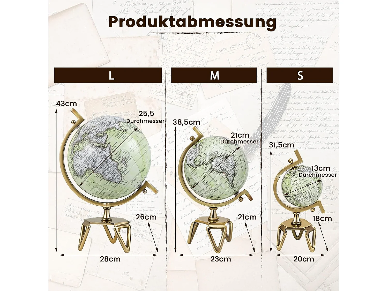 25,5 cm antieke wereldbol,wereldbol voor scholieren, 360 graden draaibaar,wereldbol met gouden metalen voet,geografisch pedagogisch,voor klaslokaal,kantoorTL32385