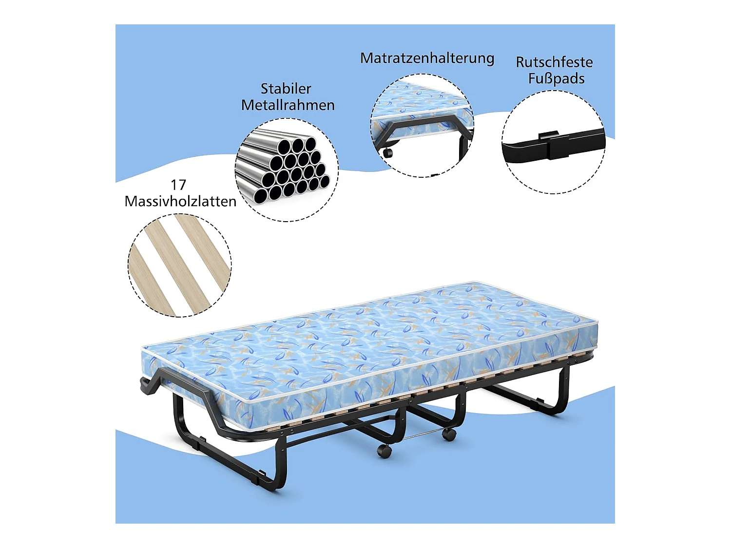 Gastenbed met matras van traagschuim, 90 x 200 cm, inklapbaar eenpersoonsbed, stabiel metalen bed tot 120 kg,vouwbed voor kantoor en logeerkamer(blauw)TI94033