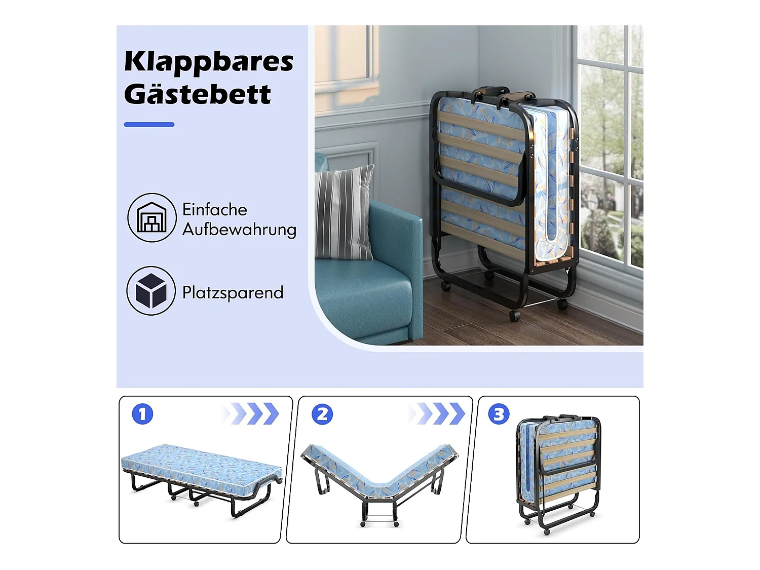 Gastenbed met matras van traagschuim, 90 x 200 cm, inklapbaar eenpersoonsbed, stabiel metalen bed tot 120 kg,vouwbed voor kantoor en logeerkamer(blauw)TI94033