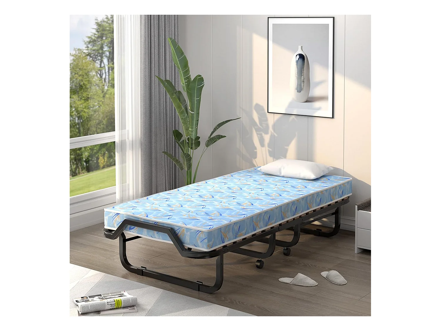 Gastenbed met matras van traagschuim, 90 x 200 cm, inklapbaar eenpersoonsbed, stabiel metalen bed tot 120 kg,vouwbed voor kantoor en logeerkamer(blauw)TI94033