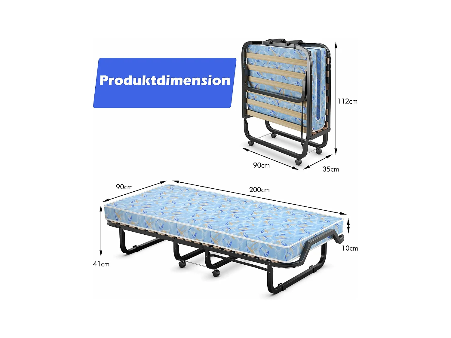 Gastenbed met matras van traagschuim, 90 x 200 cm, inklapbaar eenpersoonsbed, stabiel metalen bed tot 120 kg,vouwbed voor kantoor en logeerkamer(blauw)TI94033
