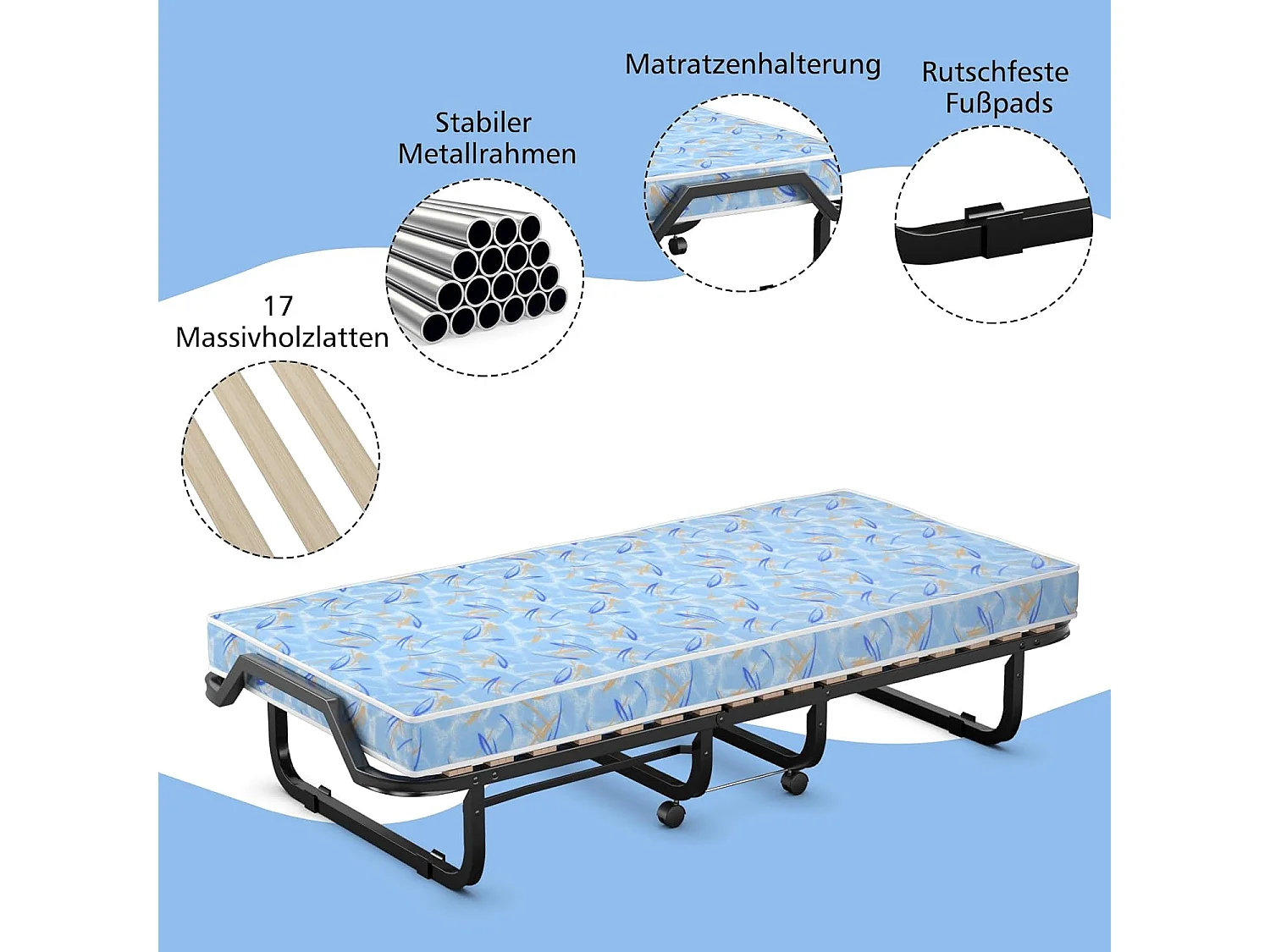 Gastenbed met matras van traagschuim, 90 x 200 cm, inklapbaar eenpersoonsbed, stabiel metalen bed tot 120 kg,vouwbed voor kantoor en logeerkamer(blauw)TI94033