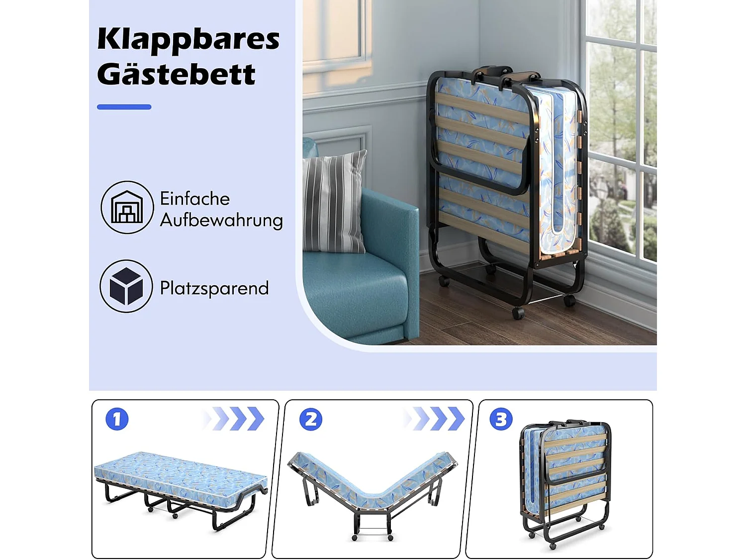 Gastenbed met matras van traagschuim, 90 x 200 cm, inklapbaar eenpersoonsbed, stabiel metalen bed tot 120 kg,vouwbed voor kantoor en logeerkamer(blauw)TI94033