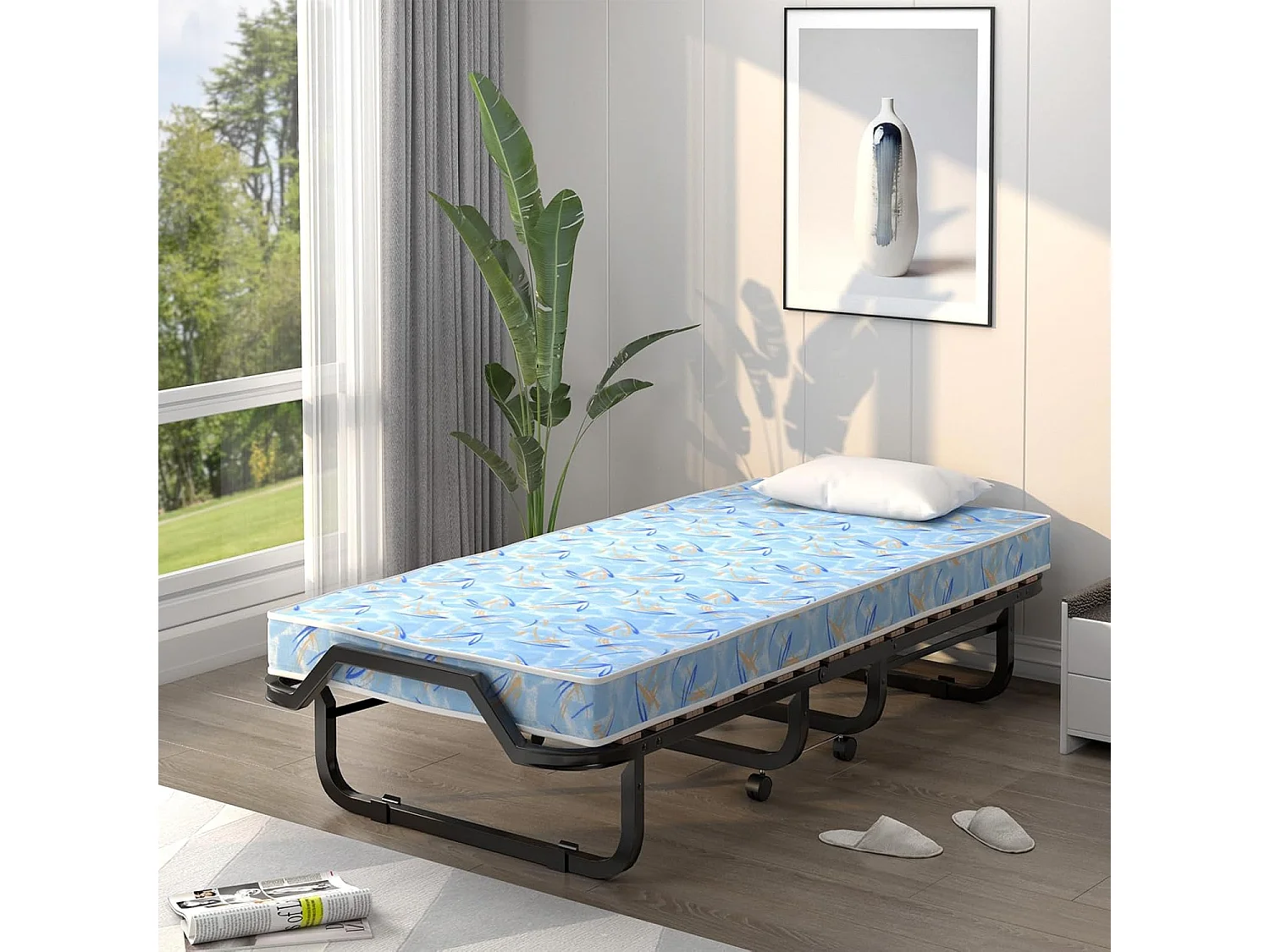 Gastenbed met matras van traagschuim, 90 x 200 cm, inklapbaar eenpersoonsbed, stabiel metalen bed tot 120 kg,vouwbed voor kantoor en logeerkamer(blauw)TI94033