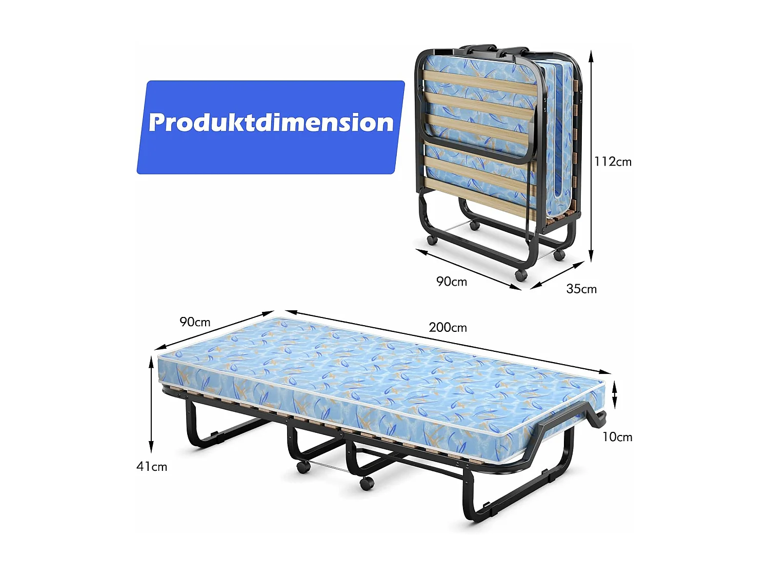 Gastenbed met matras van traagschuim, 90 x 200 cm, inklapbaar eenpersoonsbed, stabiel metalen bed tot 120 kg,vouwbed voor kantoor en logeerkamer(blauw)TI94033