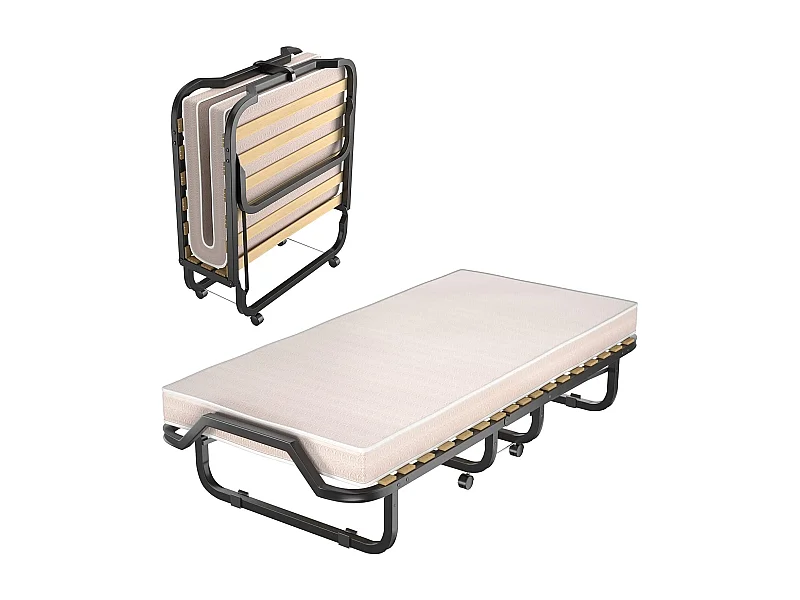 90 x 200 cm, logeerbed met matras van traagschuim, inklapbaar eenpersoonsbed,klapbed op wielen, vouwbed voor kantoor en logeerkamer, draagbaar bed (beige)