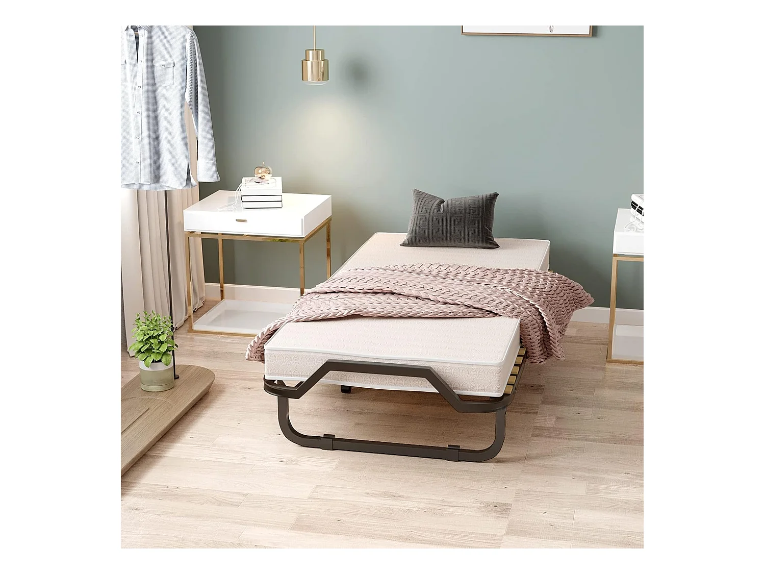 90 x 200 cm, logeerbed met matras van traagschuim, inklapbaar eenpersoonsbed,klapbed op wielen, vouwbed voor kantoor en logeerkamer, draagbaar bed (beige)