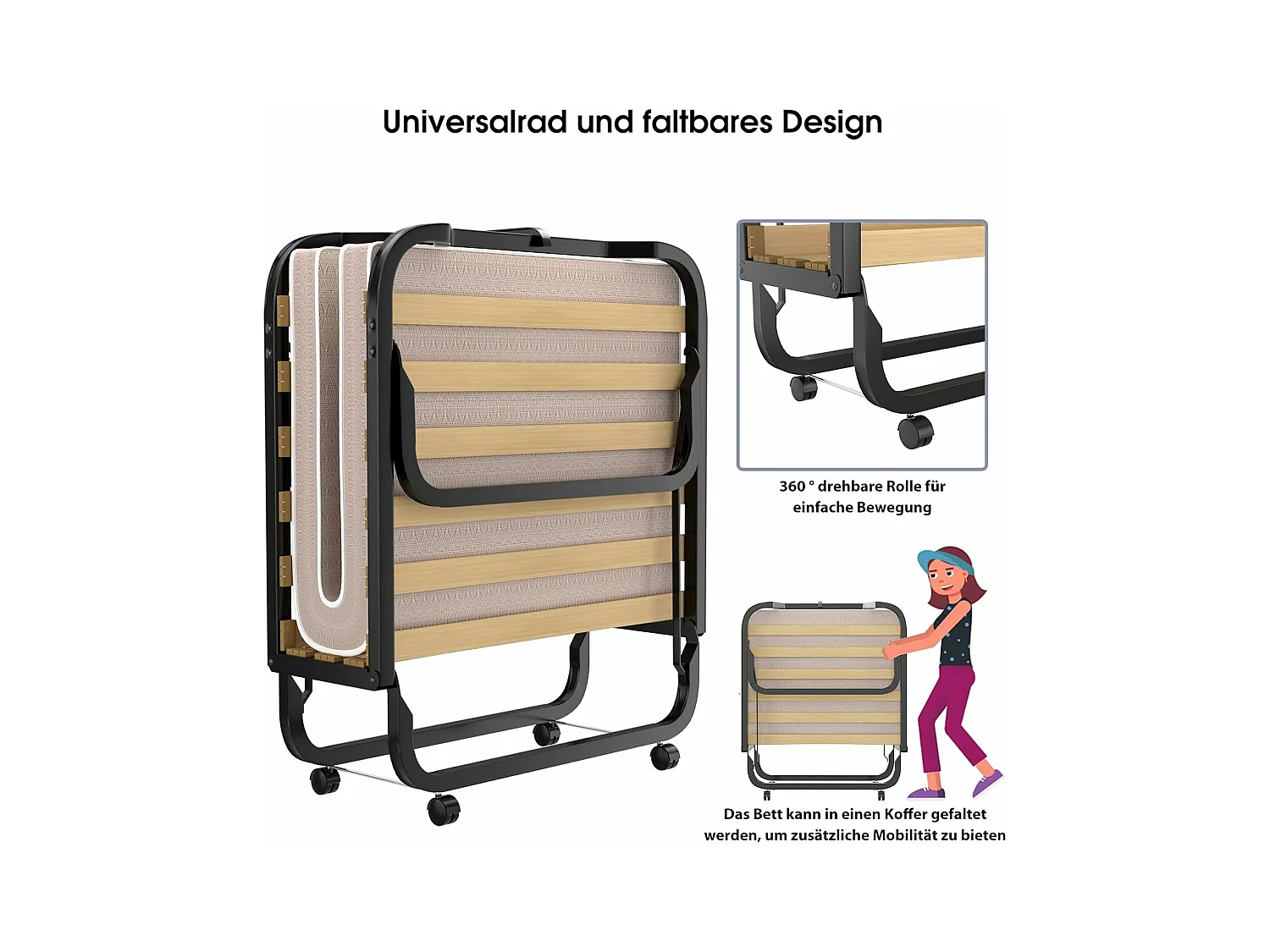 90 x 200 cm, logeerbed met matras van traagschuim, inklapbaar eenpersoonsbed,klapbed op wielen, vouwbed voor kantoor en logeerkamer, draagbaar bed (beige)