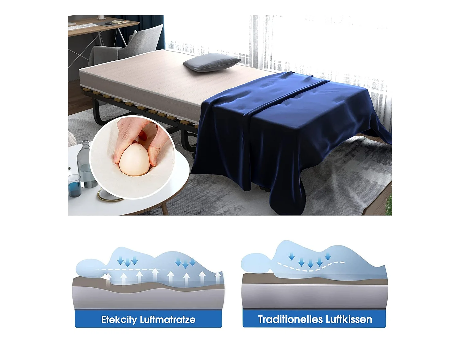 90 x 200 cm, logeerbed met matras van traagschuim, inklapbaar eenpersoonsbed,klapbed op wielen, vouwbed voor kantoor en logeerkamer, draagbaar bed (beige)