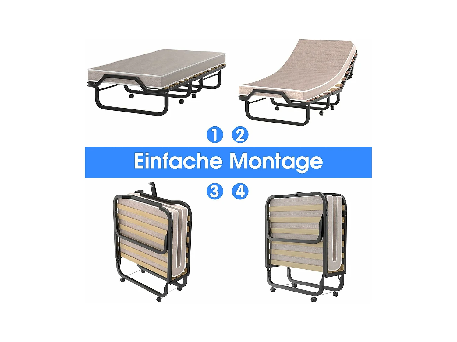 90 x 200 cm, logeerbed met matras van traagschuim, inklapbaar eenpersoonsbed,klapbed op wielen, vouwbed voor kantoor en logeerkamer, draagbaar bed (beige)
