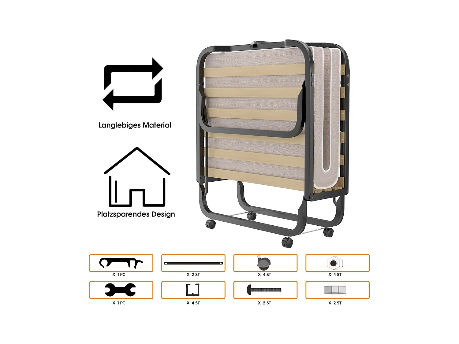 90 x 200 cm, logeerbed met matras van traagschuim, inklapbaar eenpersoonsbed,klapbed op wielen, vouwbed voor kantoor en logeerkamer, draagbaar bed (beige)