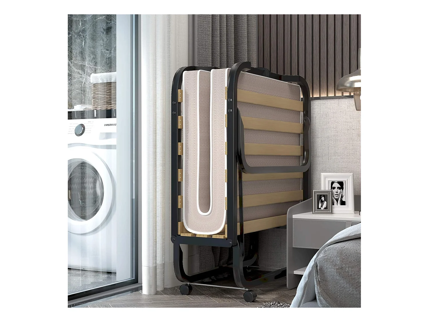 90 x 200 cm, logeerbed met matras van traagschuim, inklapbaar eenpersoonsbed,klapbed op wielen, vouwbed voor kantoor en logeerkamer, draagbaar bed (beige)