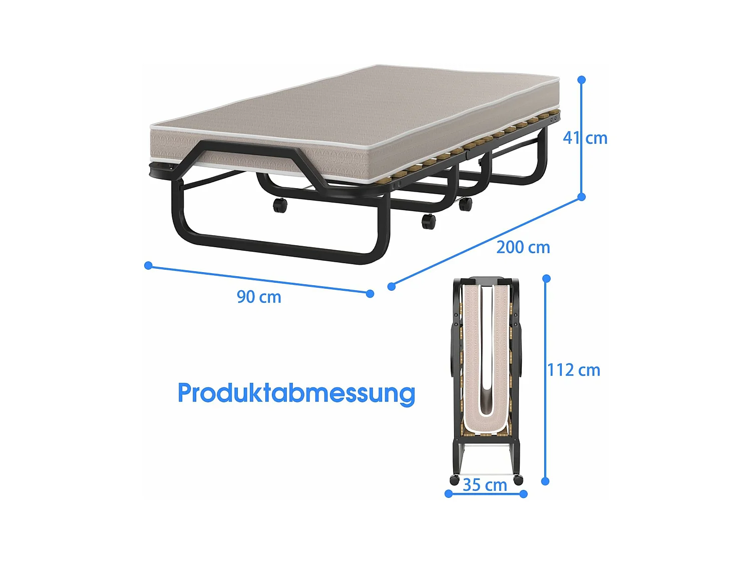 90 x 200 cm, logeerbed met matras van traagschuim, inklapbaar eenpersoonsbed,klapbed op wielen, vouwbed voor kantoor en logeerkamer, draagbaar bed (beige)