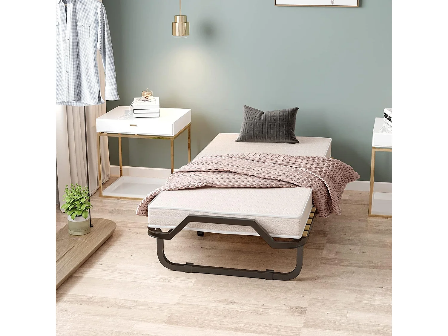 90 x 200 cm, logeerbed met matras van traagschuim, inklapbaar eenpersoonsbed,klapbed op wielen, vouwbed voor kantoor en logeerkamer, draagbaar bed (beige)