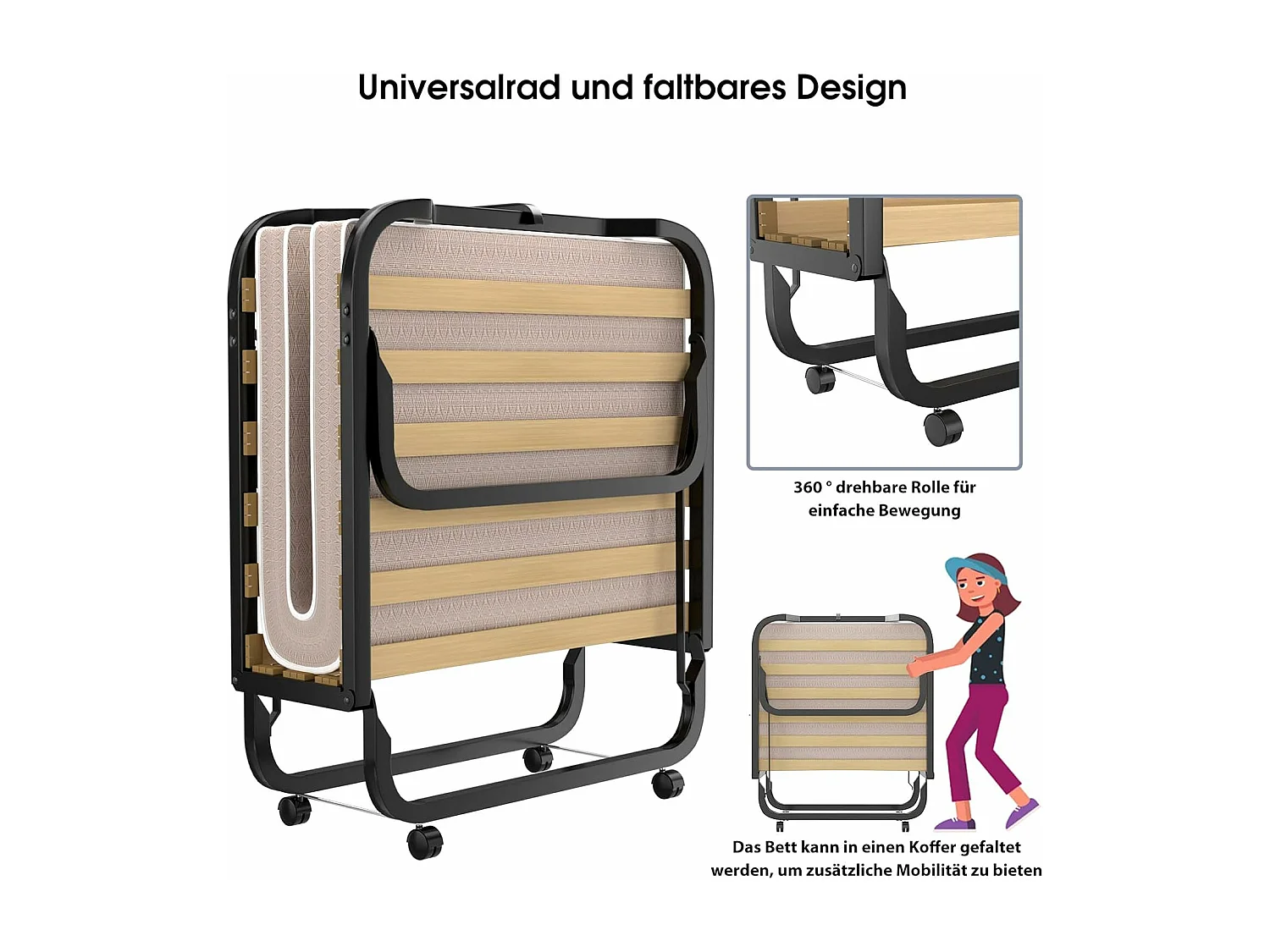 90 x 200 cm, logeerbed met matras van traagschuim, inklapbaar eenpersoonsbed,klapbed op wielen, vouwbed voor kantoor en logeerkamer, draagbaar bed (beige)