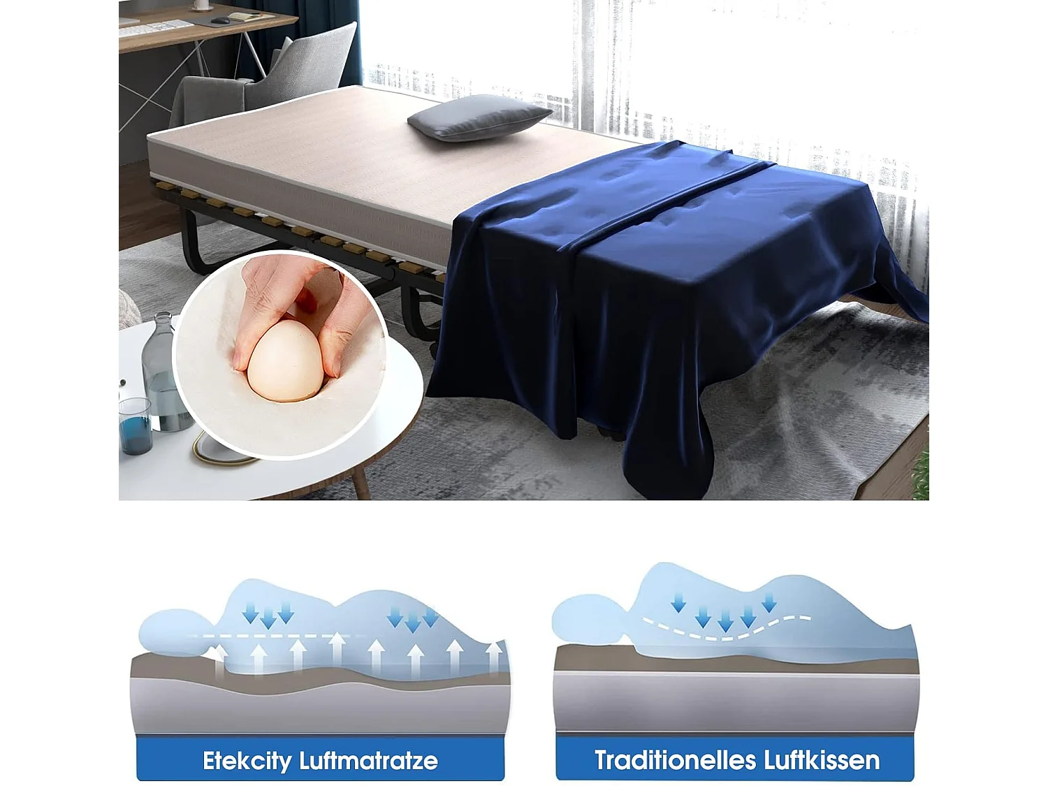 90 x 200 cm, logeerbed met matras van traagschuim, inklapbaar eenpersoonsbed,klapbed op wielen, vouwbed voor kantoor en logeerkamer, draagbaar bed (beige)