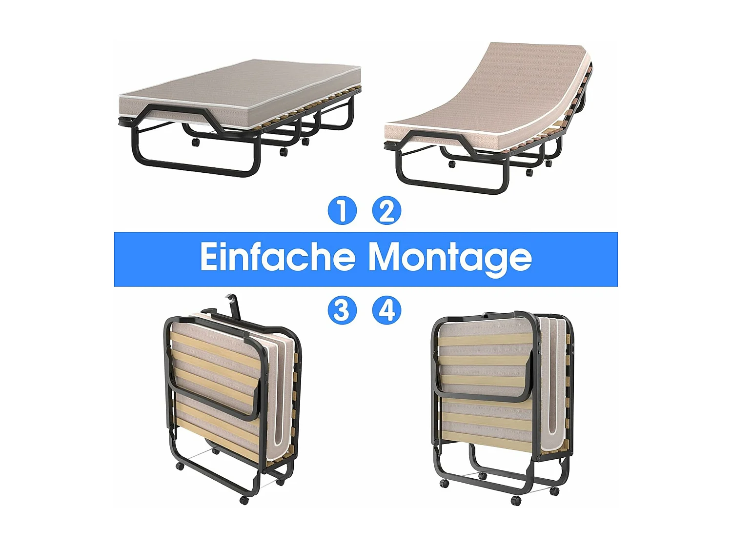 90 x 200 cm, logeerbed met matras van traagschuim, inklapbaar eenpersoonsbed,klapbed op wielen, vouwbed voor kantoor en logeerkamer, draagbaar bed (beige)