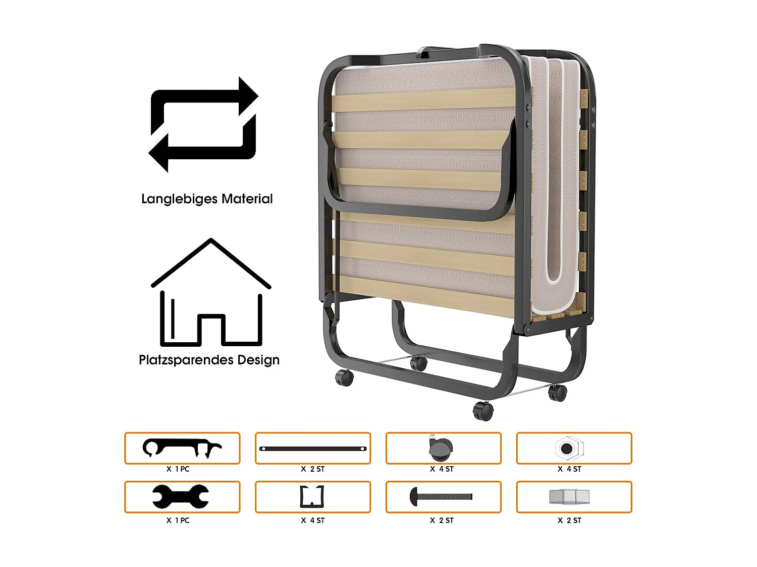 90 x 200 cm, logeerbed met matras van traagschuim, inklapbaar eenpersoonsbed,klapbed op wielen, vouwbed voor kantoor en logeerkamer, draagbaar bed (beige)