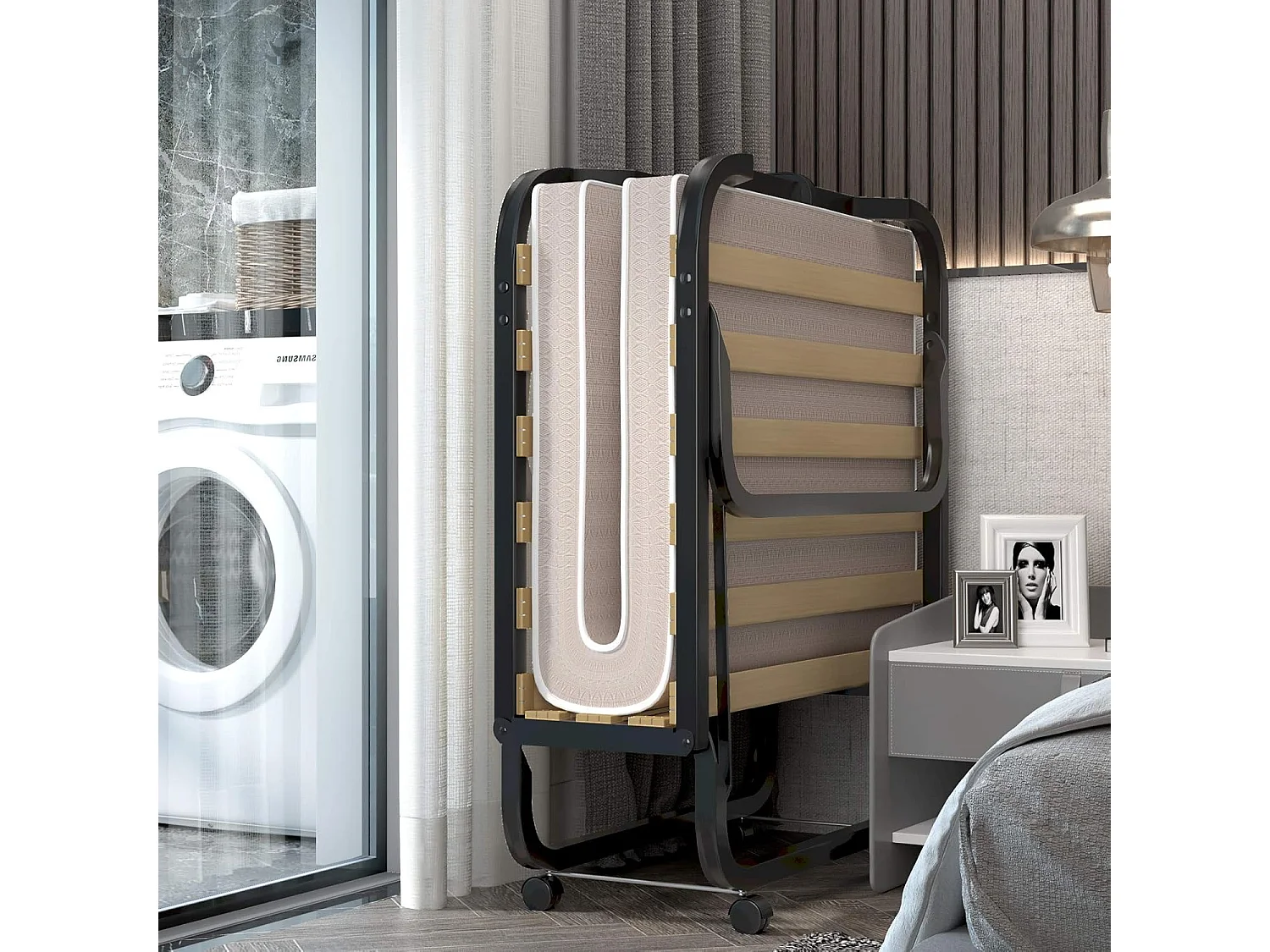 90 x 200 cm, logeerbed met matras van traagschuim, inklapbaar eenpersoonsbed,klapbed op wielen, vouwbed voor kantoor en logeerkamer, draagbaar bed (beige)