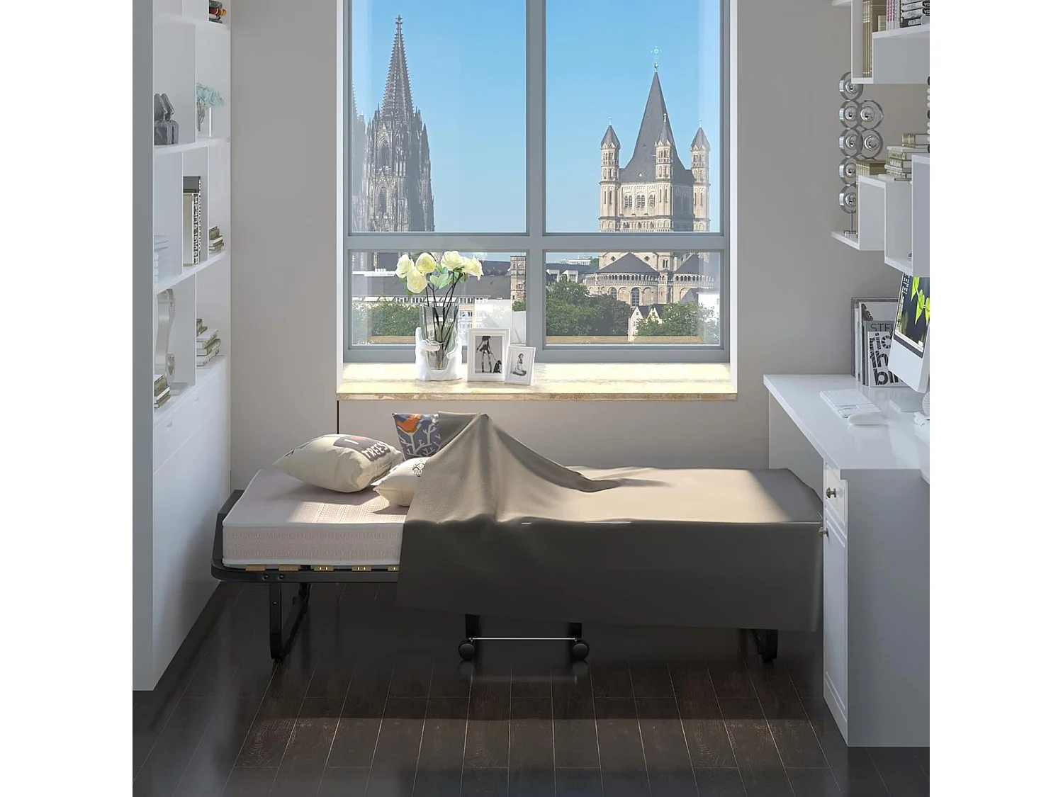 90 x 200 cm, logeerbed met matras van traagschuim, inklapbaar eenpersoonsbed,klapbed op wielen, vouwbed voor kantoor en logeerkamer, draagbaar bed (beige)