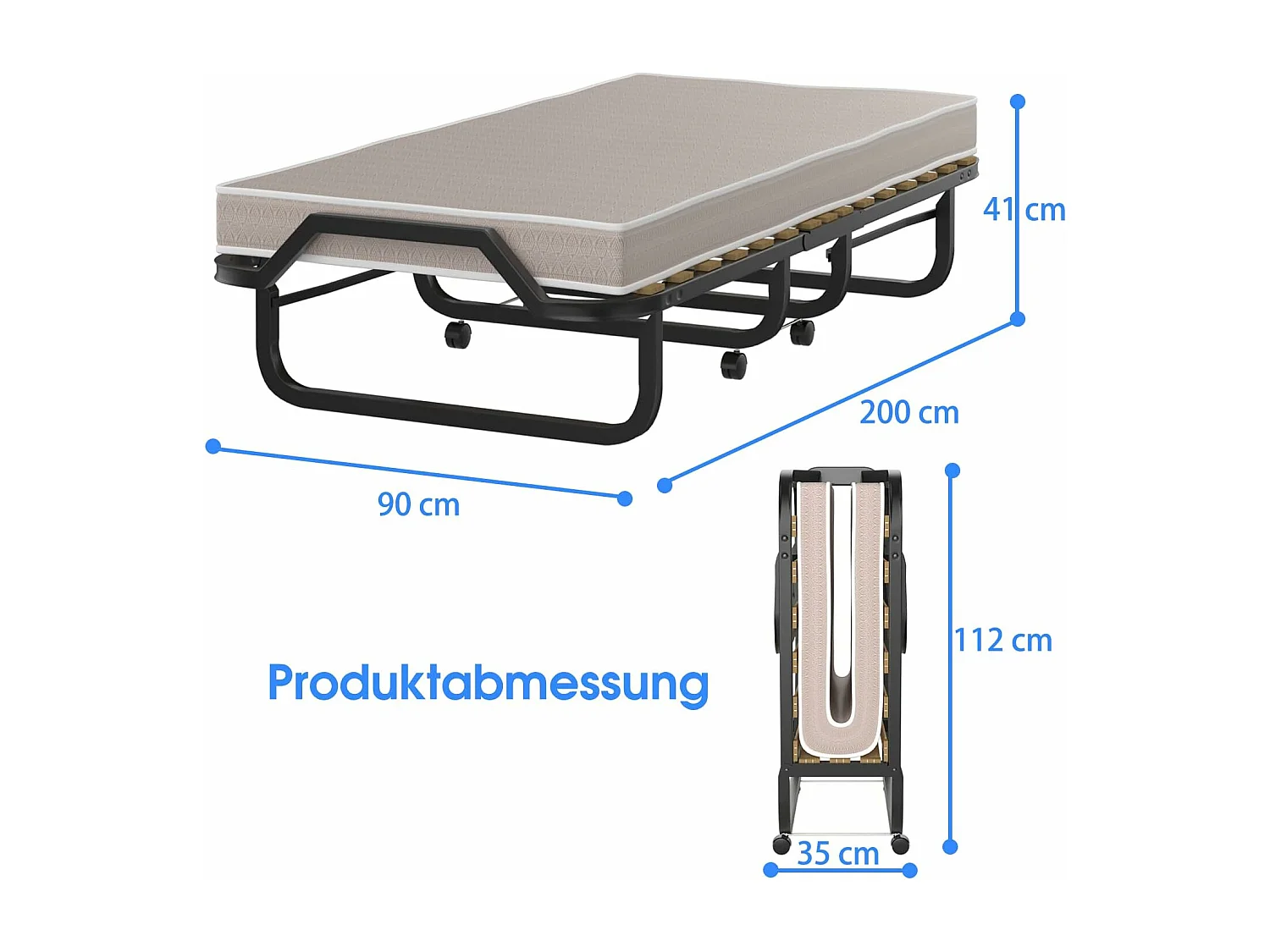 90 x 200 cm, logeerbed met matras van traagschuim, inklapbaar eenpersoonsbed,klapbed op wielen, vouwbed voor kantoor en logeerkamer, draagbaar bed (beige)